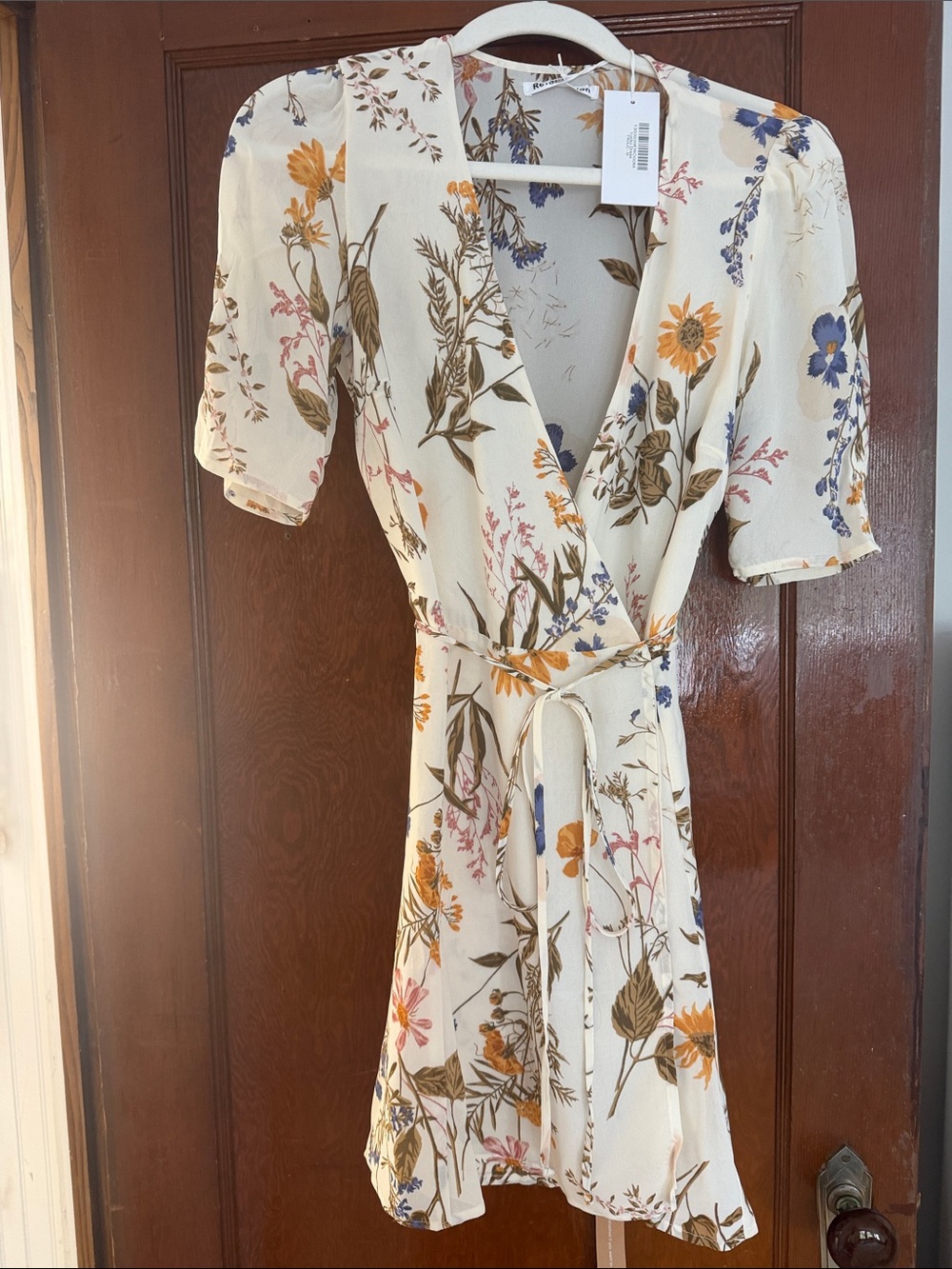 Reformation Cream Floral Wrap Mini Dress with Blue and Mustard Blooms